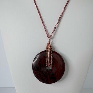 HAND CRAFTED NECKLACE Mahogany Jasper Donut Focal Reddish-Brown Black Bands NWT